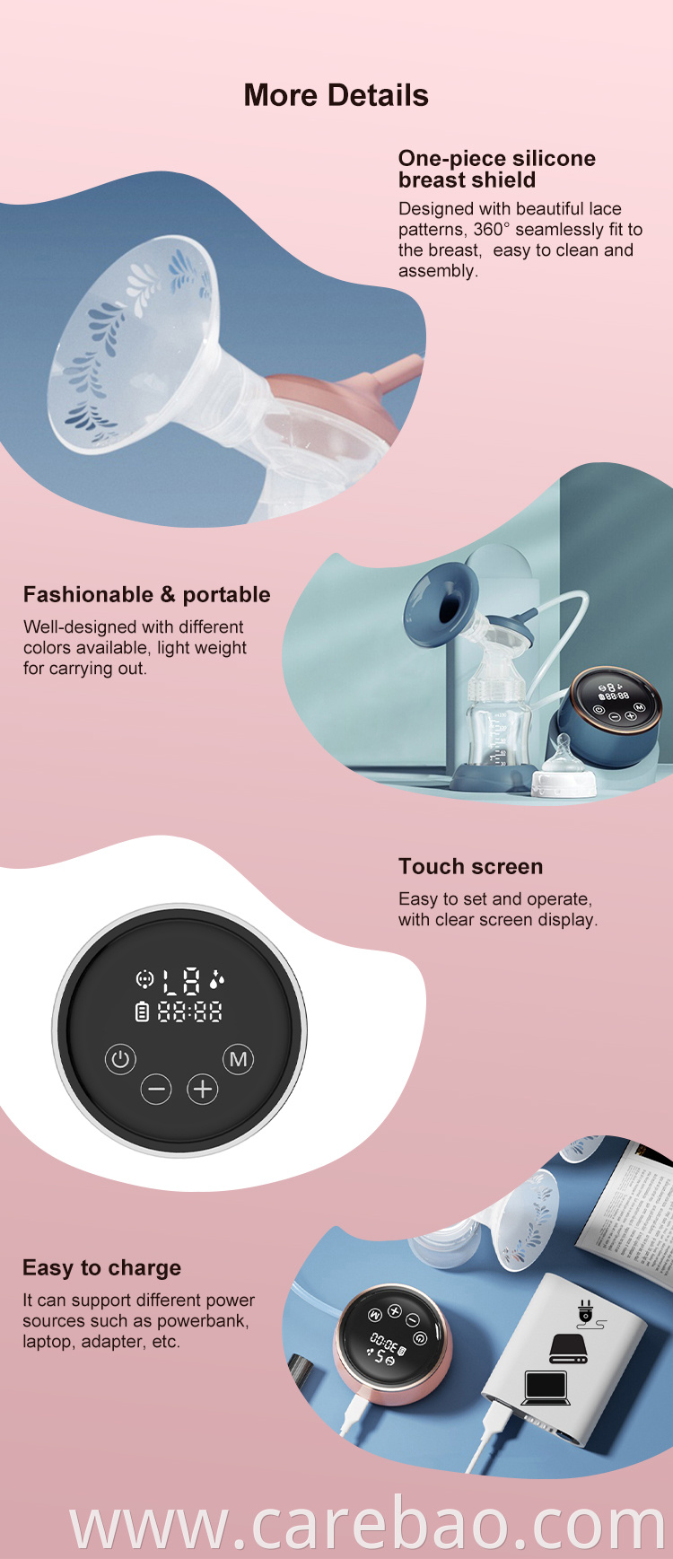 Carebao Intelligent BPA Free Comfort Single Side Electric Breast Pump For Mother Breastfeeding With Milk Extractor Wholesale